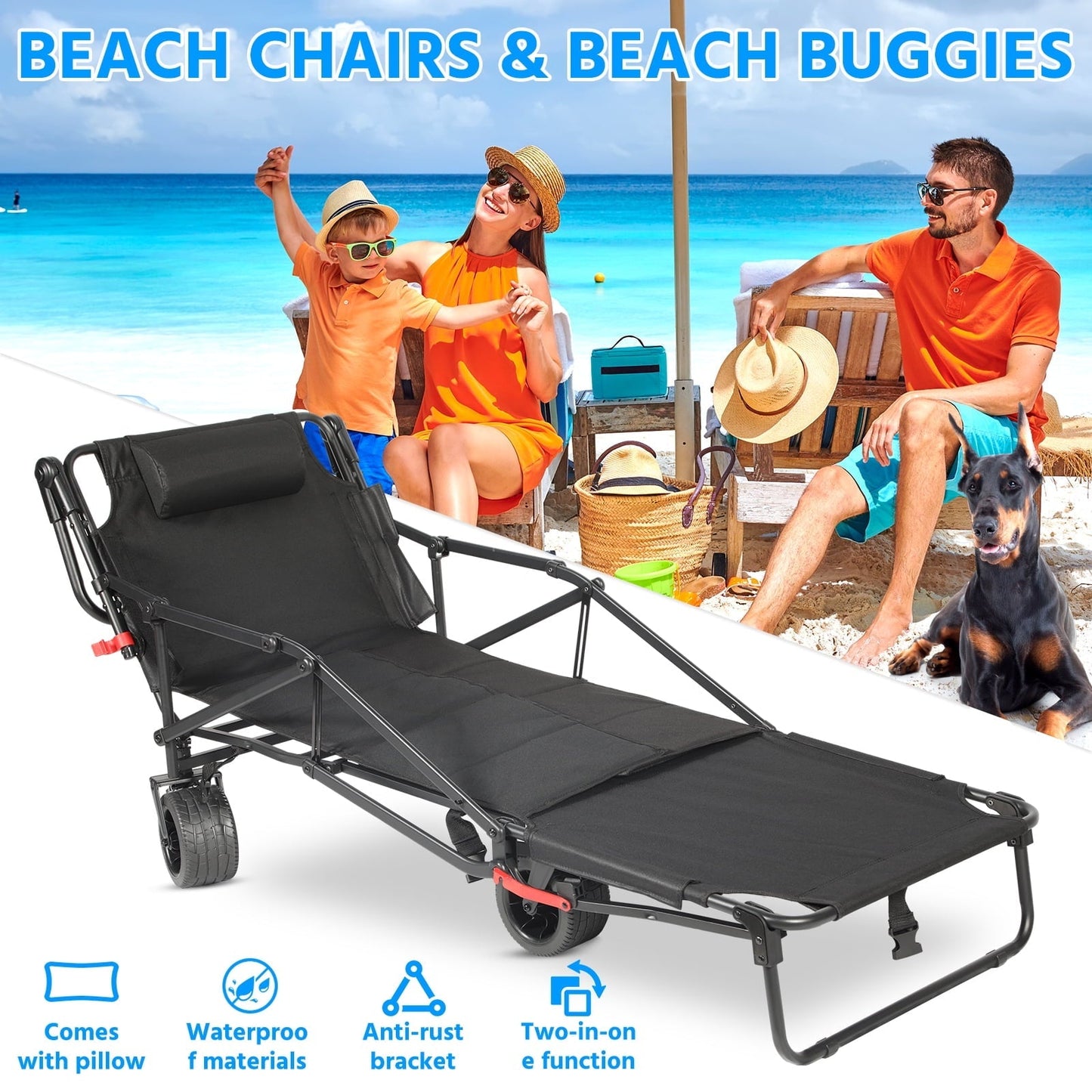 Aoemoe 400-Pound Capacity All-Terrain Beach Chair + Folding Cart 2-in-1,(Black)