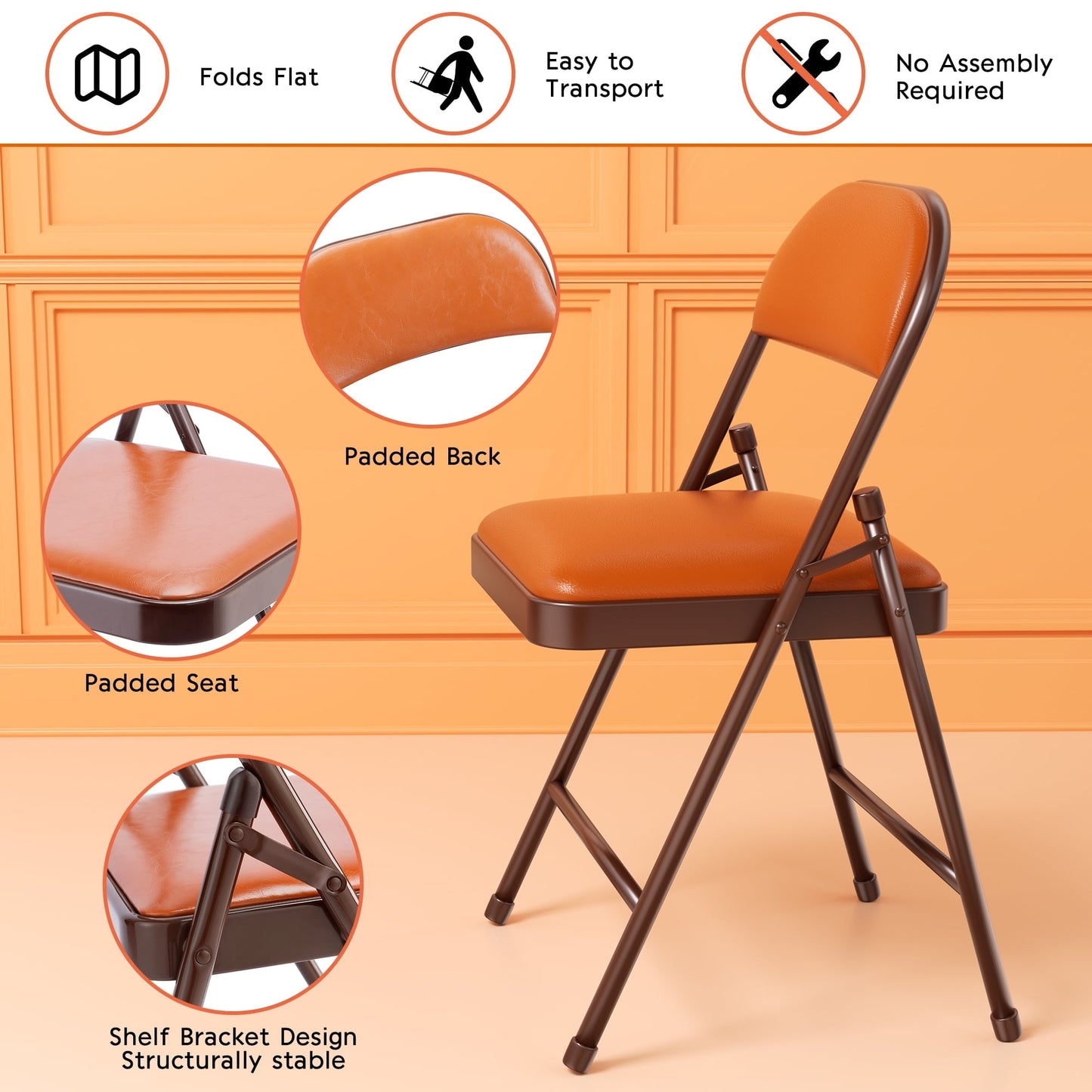 SKOK 4 Pack Padded Folding Chairs with Upholstered Cushion & Back, Padded Seats for Indoor & Outdoor, Portable Stackable Commercial Foldable Chairs with Metal Frame for Events