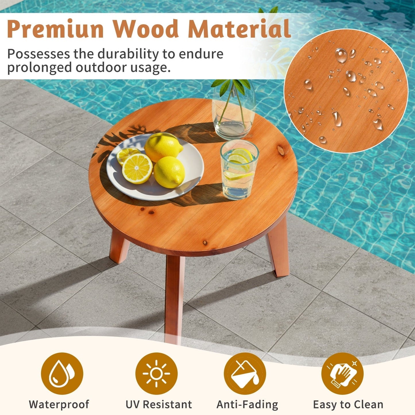 Ktaxon 15.7" Outdoor Wood Side Table, Small Round Coffee End Table, Weather Resistant Table for Indoor Outdoor Balcony Lawn Pool, Teak