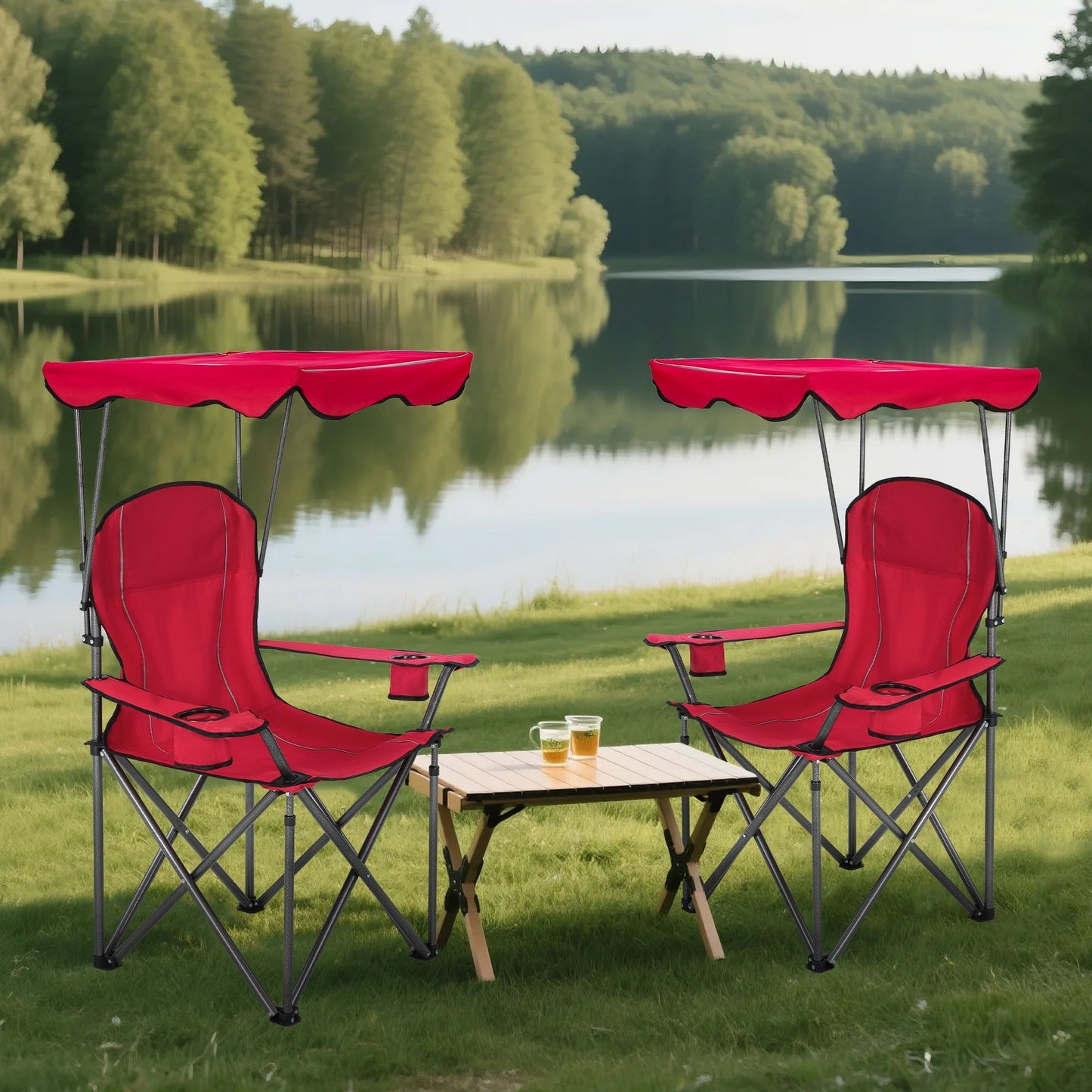 Sophia & William Foldable Canopy Chair Portable Camping Lounge Chair Outdoor Sunshade Canopy Chair with Cup Holder, Red