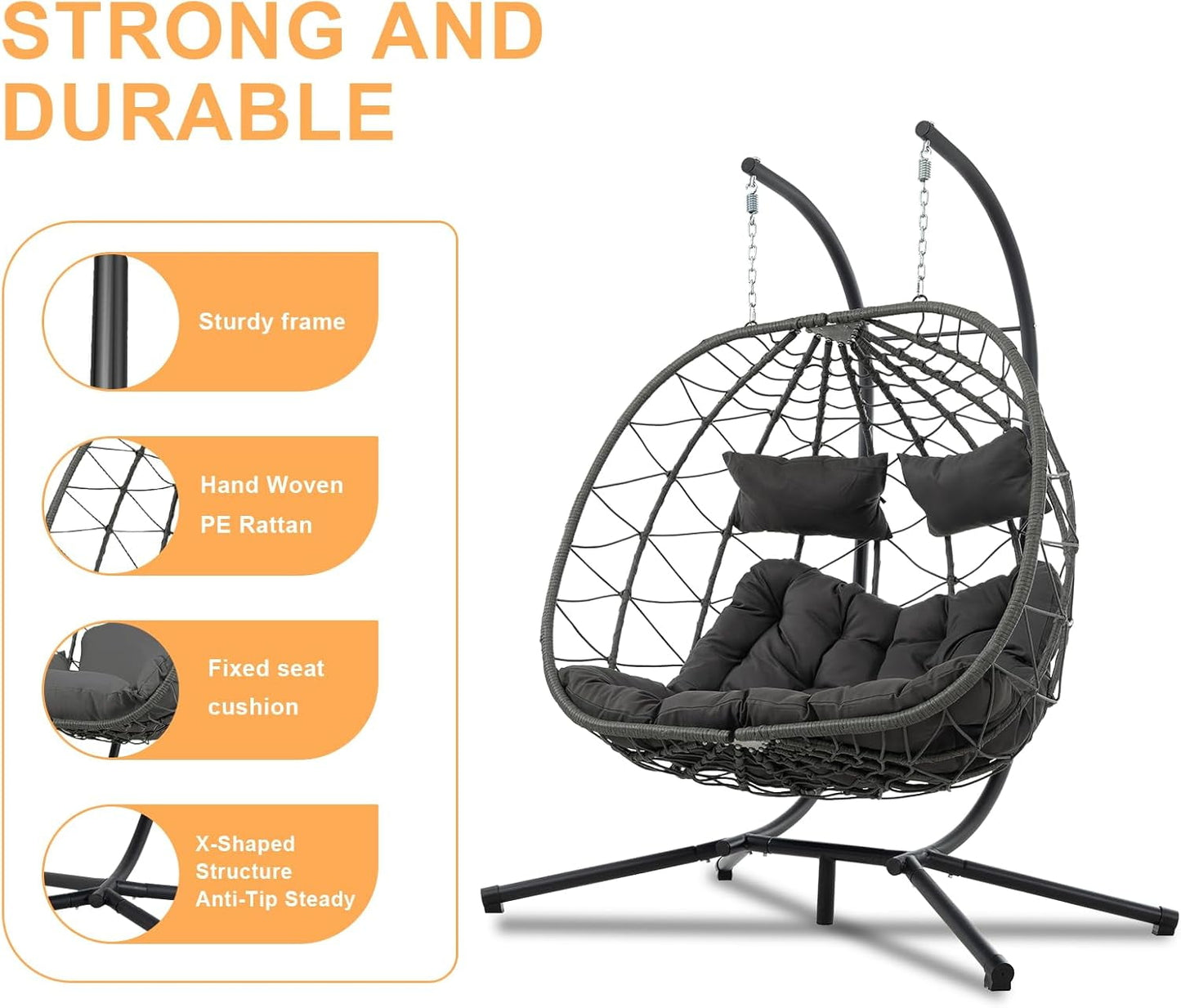 Double Egg Swing Chair with Stand, 2 Person Outdoor Indoor Hammock Hanging Chair with Cushion,Patio Wicker Hanging Egg Chair w/Cushion 700LBS Capacity for Bedroom, Balcony, Garden