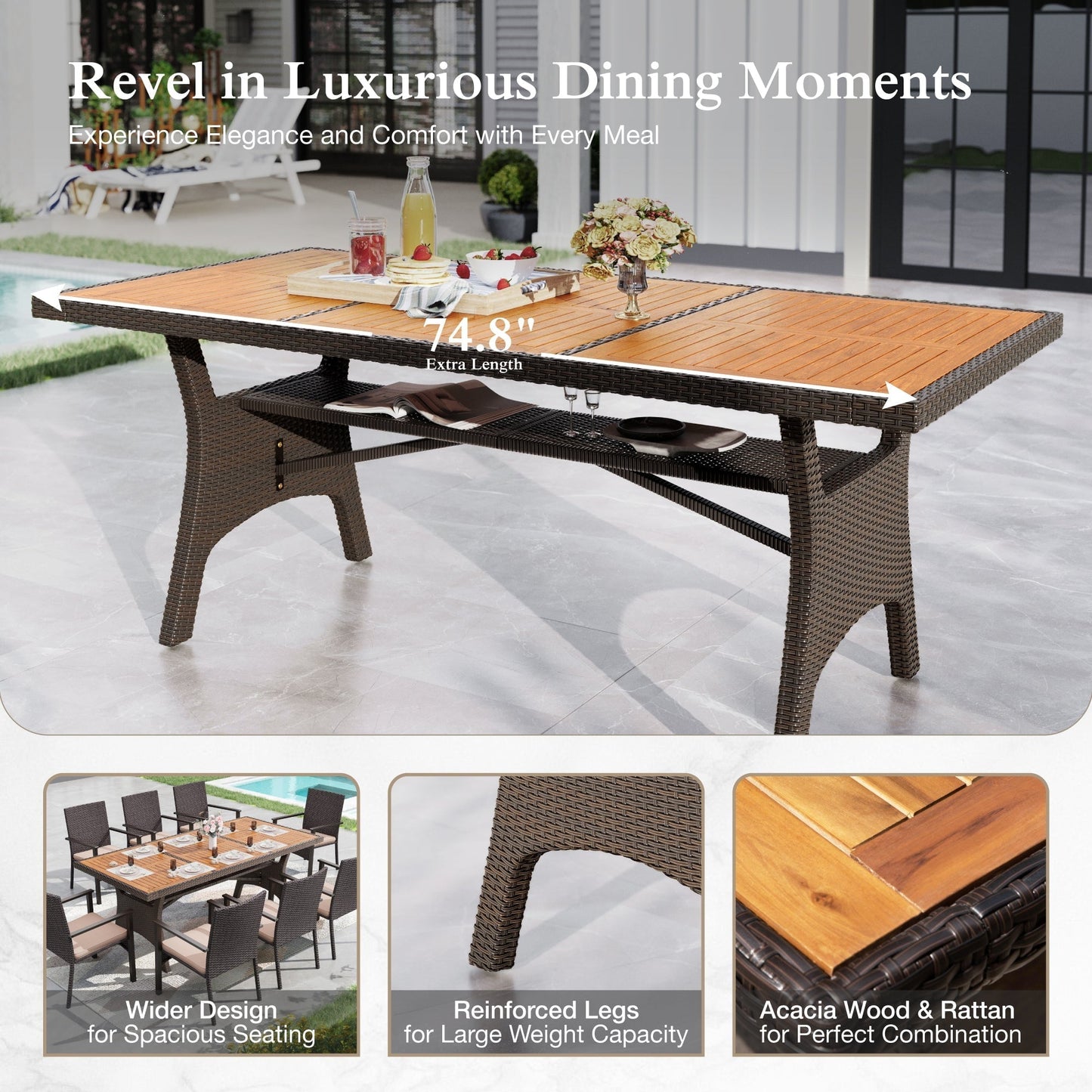 Alpha Joy Outdoor Acacia Wood Patio Dining Table for 6-8 Person, Dark Brown