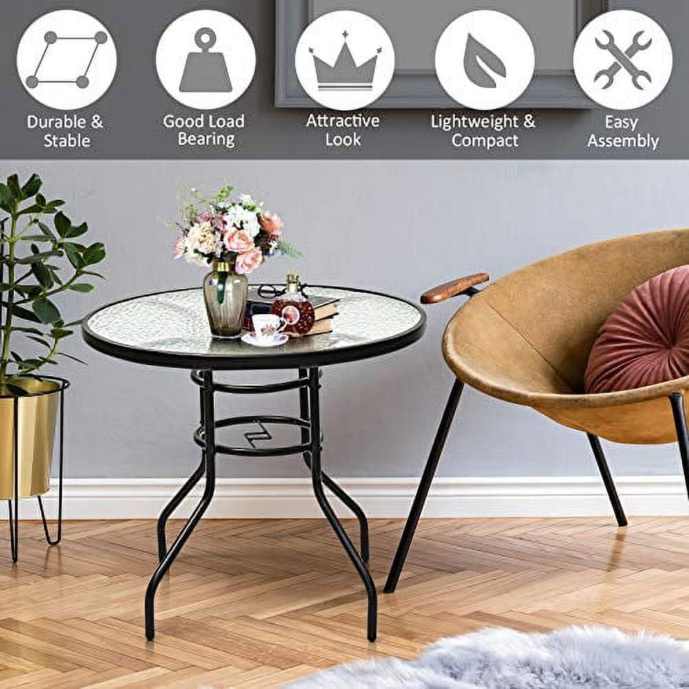 KOTEK 32'' Patio Table with Umbrella Hole, Outdoor Bistro Table w/Tempered Glass Top & Sturdy Metal Frame, Round Patio Dining Table Coffee Table for Garden, Balcony, Poolside