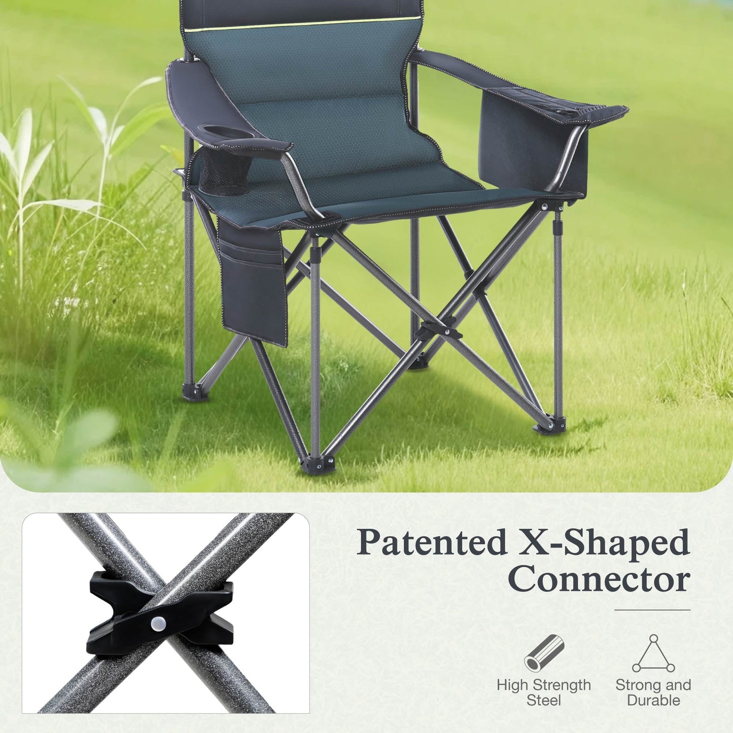 Sophia & William Heavy Duty Steel Camping Chair Outdoor Oversized Padded Lawn Chair with Cooler, 450LBS Capacity, 2 Pack, Green