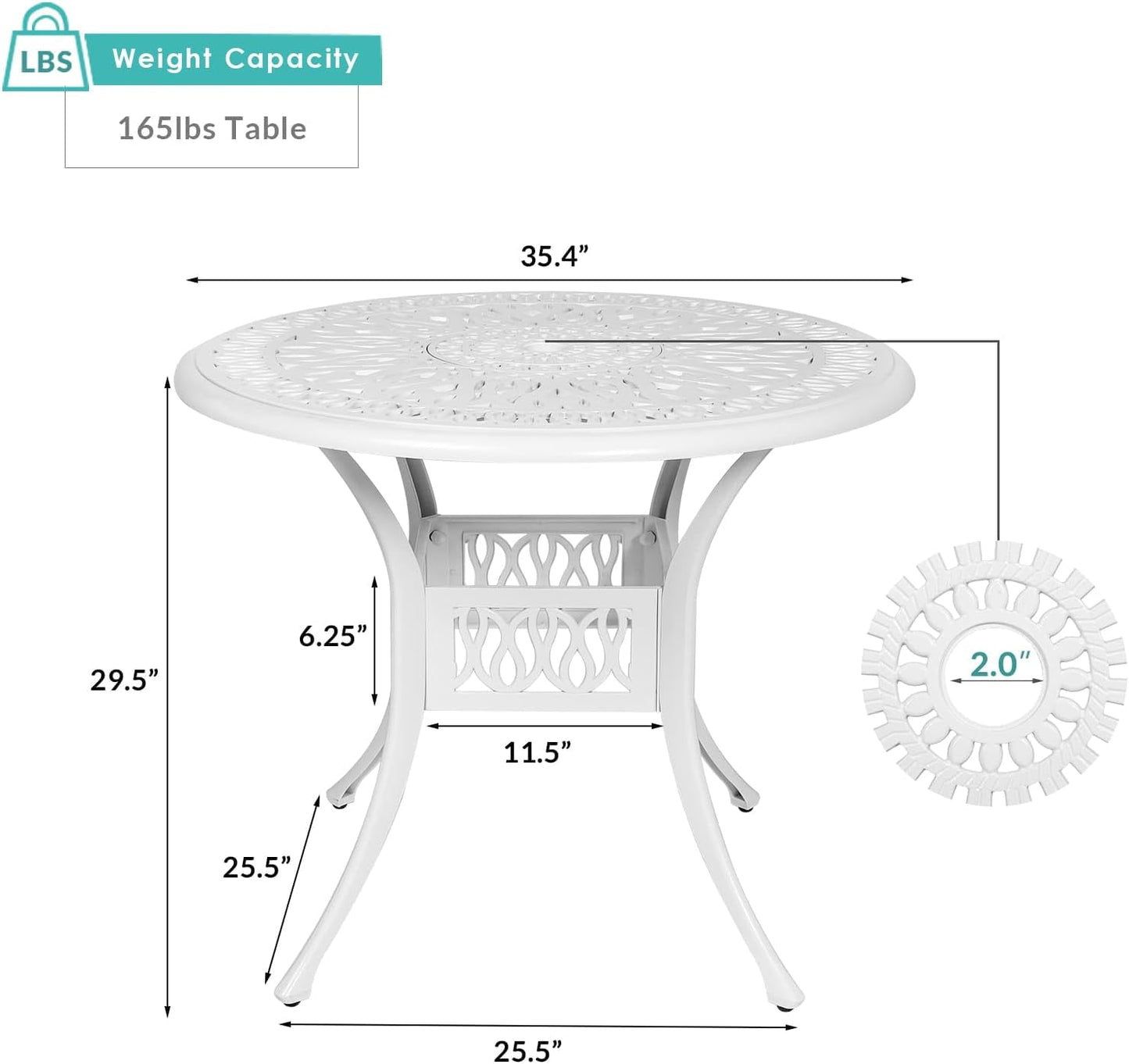 MEETWARM 35.4" Round Patio Dinning Table, Outdoor Cast Aluminum Dinning Table with 2" Umbrella Hole, White