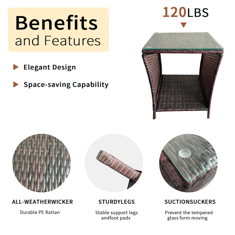 Outdoor Wicker Side Table, Rattan Coffee Tables - Square End Table with Tempered Glass Top and Storage for Patio Porch Lawn (Brown)