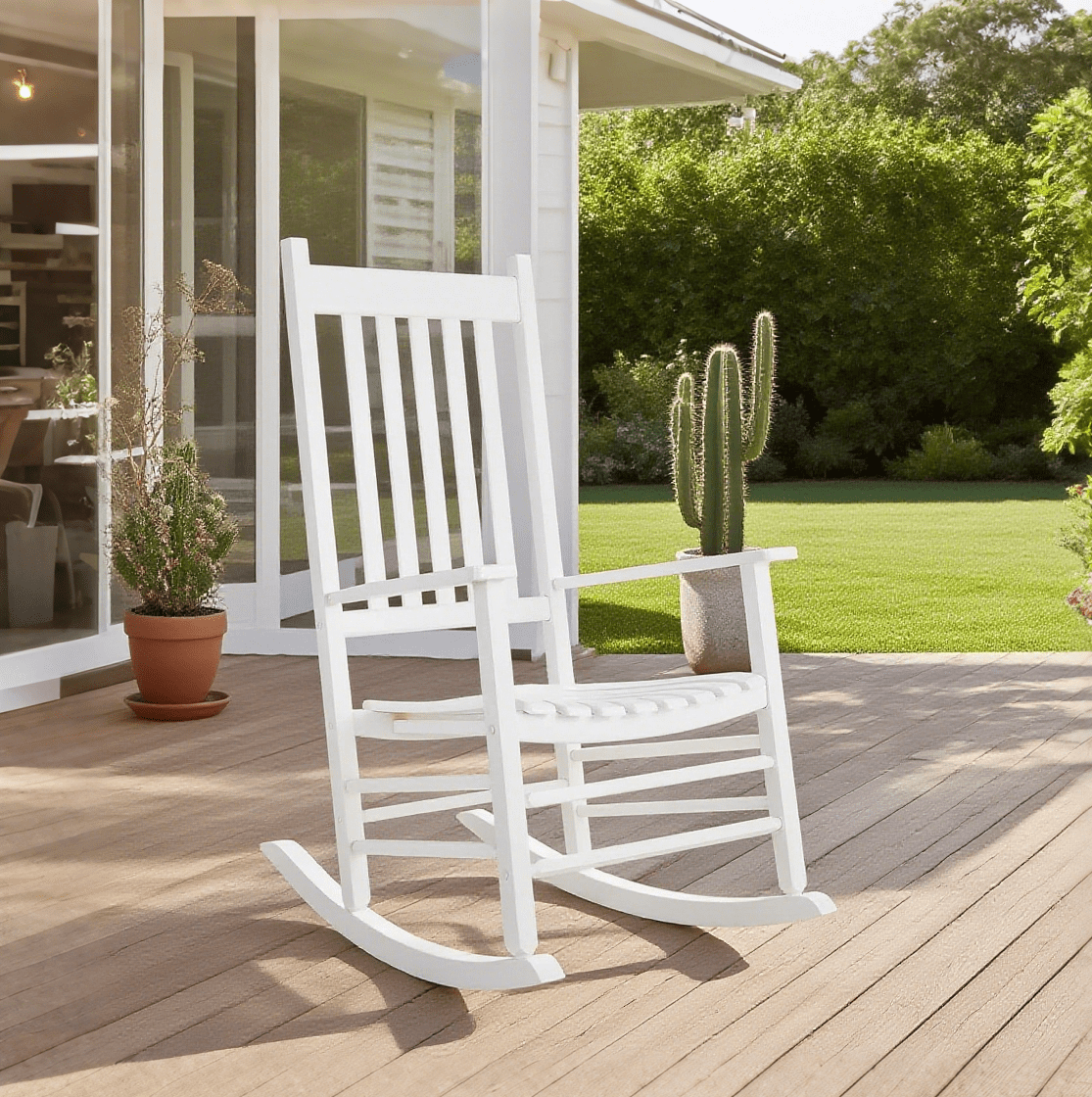 TLGREEN Outdoor Wood Porch Rocking Chair, Outdoor Rocker for Garden, Porch, Balcony（White）