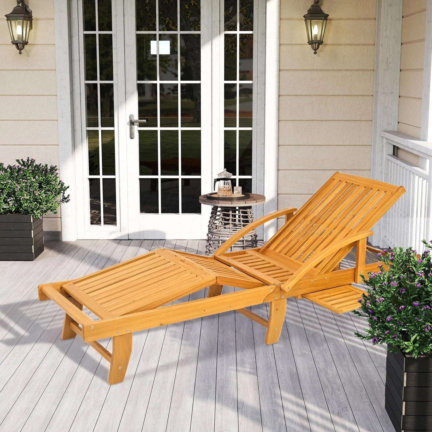 Resenkos Premium 4Level Adjustable Tanning Chair With Wheels, Acacia Wood Patio Lounger, Teak