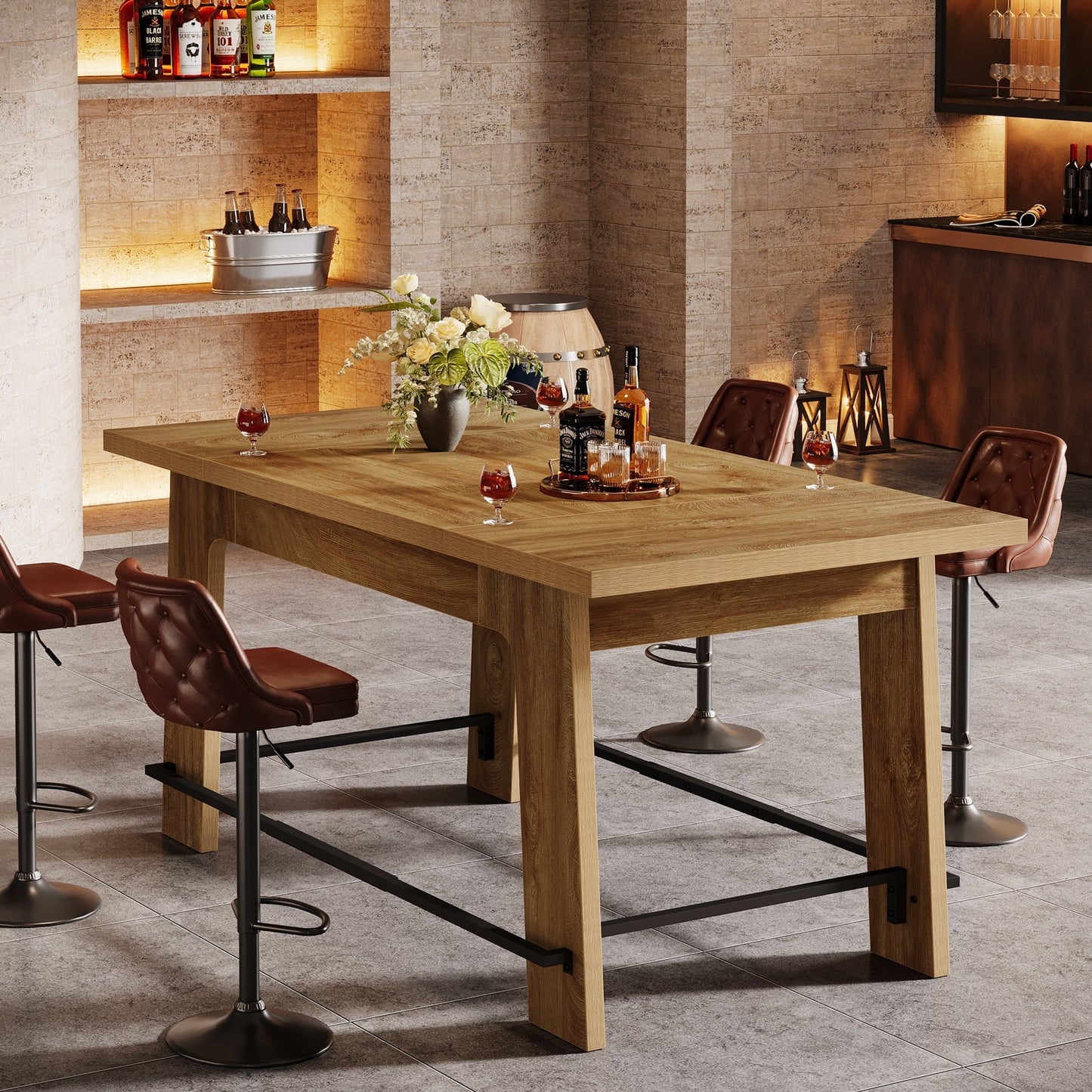 Tribesigns 62.6-Inch Bar Table, Rectangular Home Bar Unit with Metal Footrest,Brown and Black