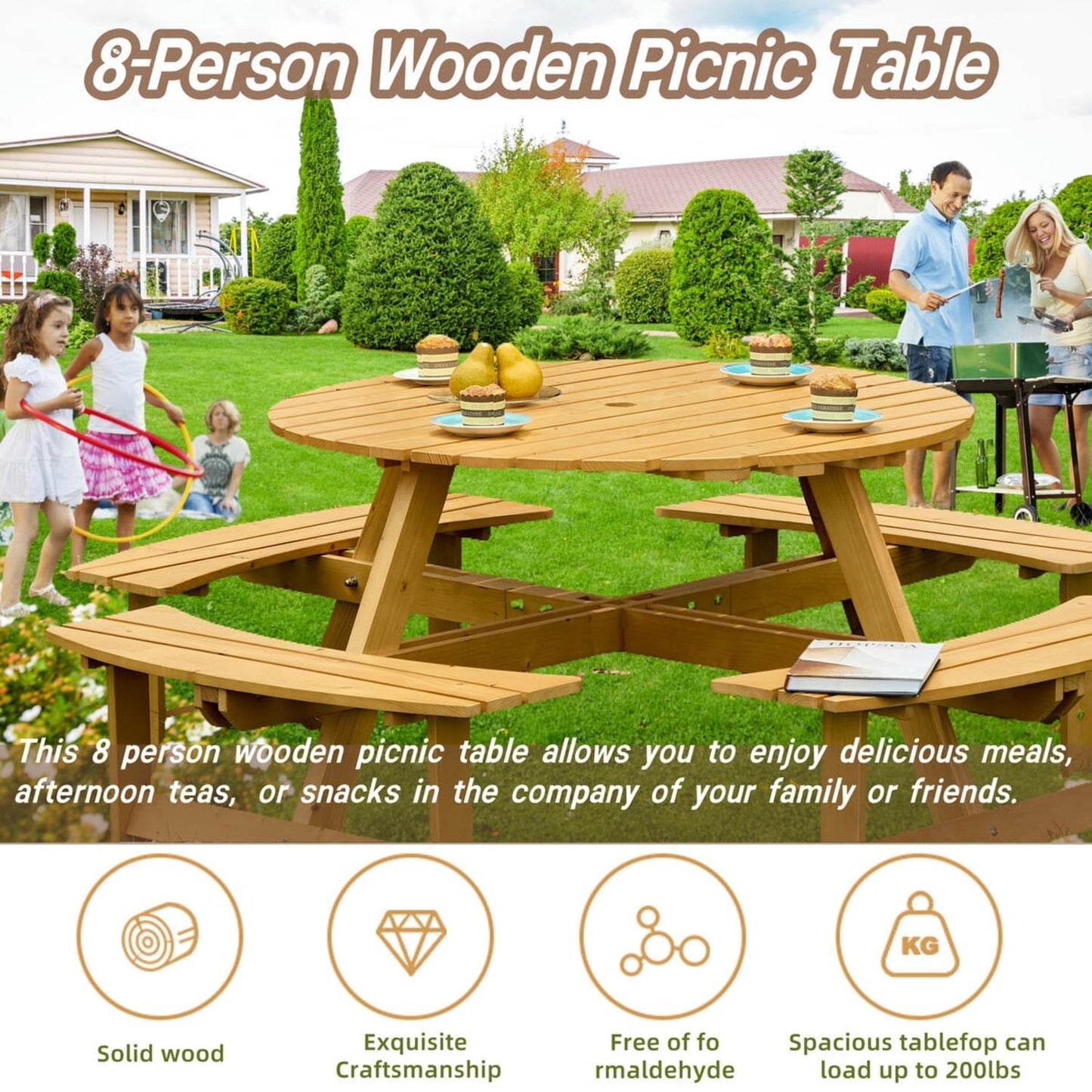 8-person Round Outdoor Picnic Table With 4 Benches & Umbrella Hole, Natural Pine
