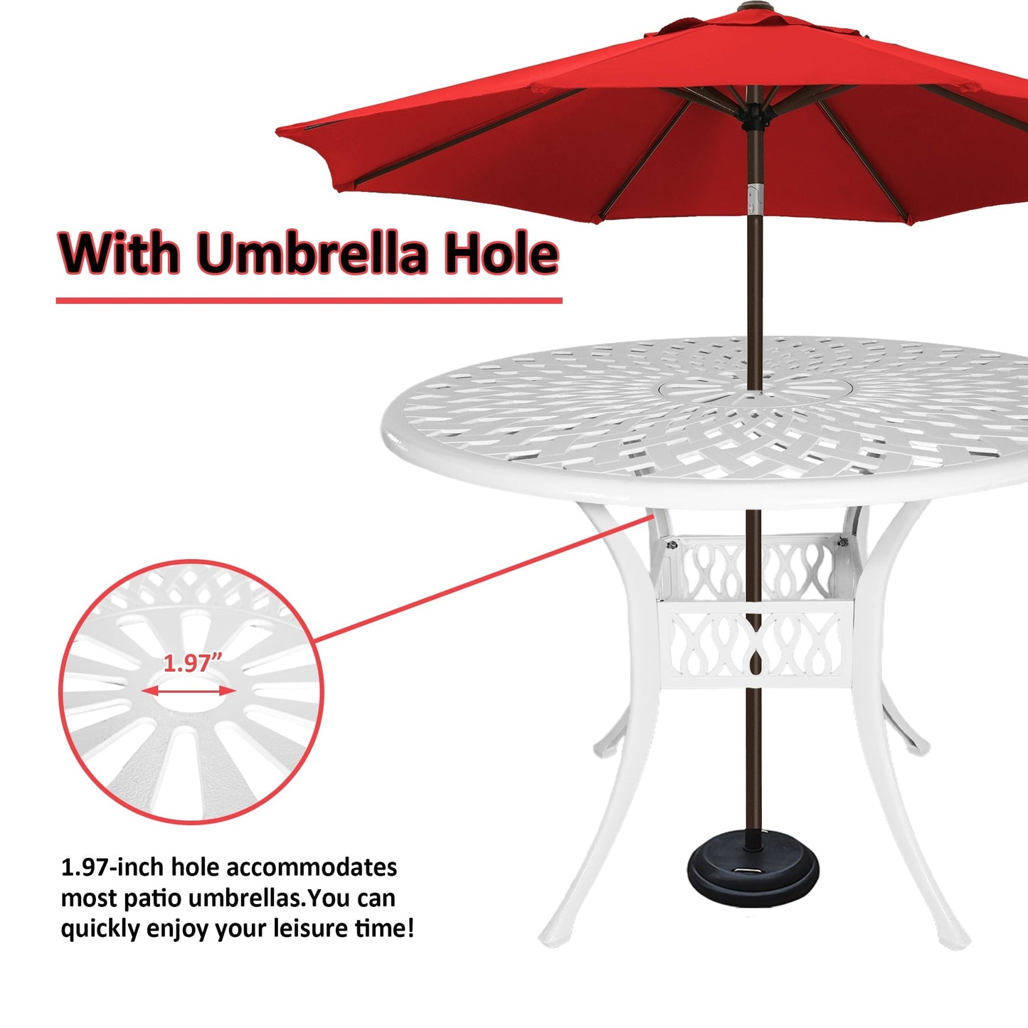 Withniture 42 INCH Patio Table with Umbrella Hole, Outdoor Round Cast Aluminum Bistro Table White