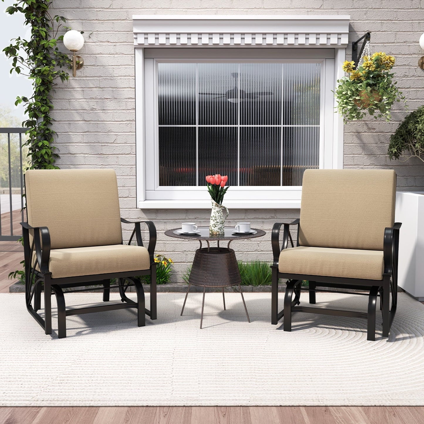 Topbuy 2 Pcs Outdoor Glider Chair Smooth Rocking Single Chair w/ Thick Cushions & Heavy-Duty Metal Frame Tan