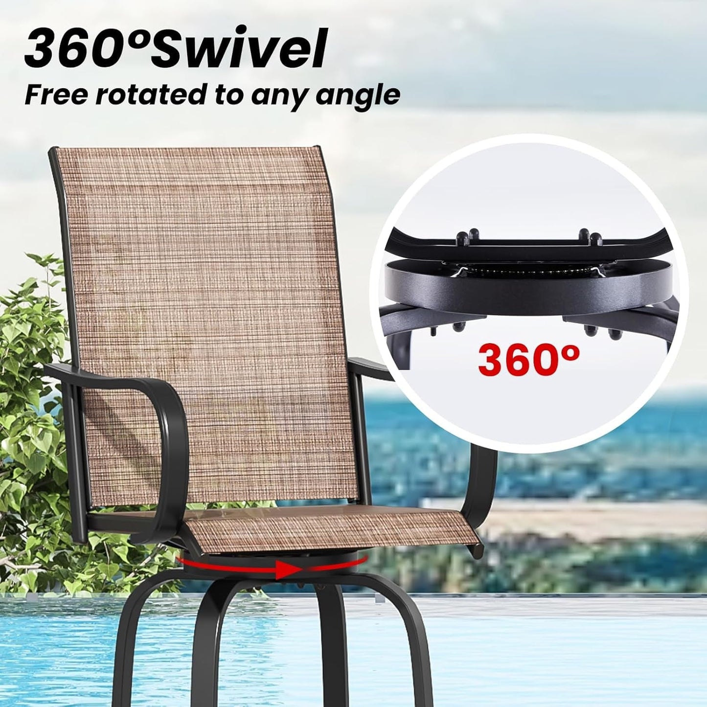 STARY Outdoor Bar Stools Set of 2, Swivel Patio Barstools with Textile Fabric,Ergonomic Comfort Bar Height Tall Outdoor Stools for Balcony,Brown