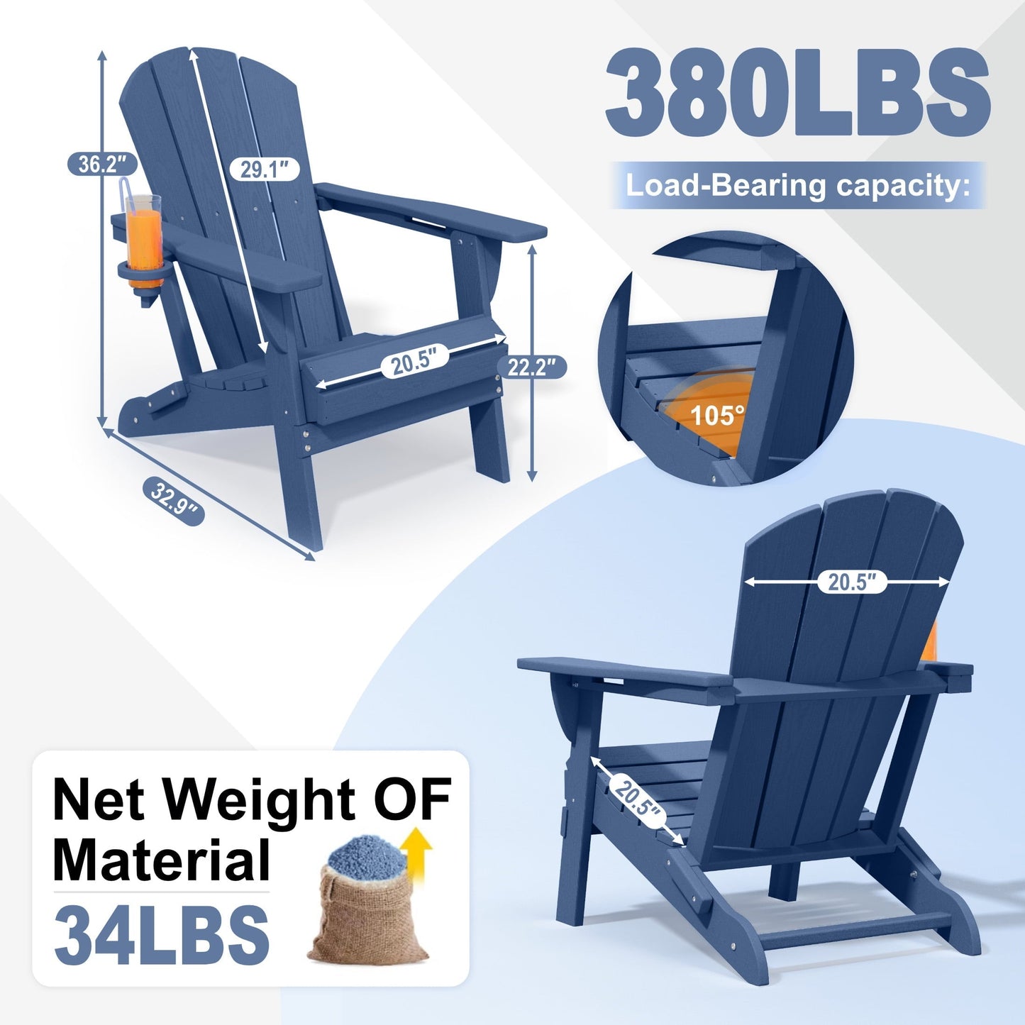 AreShark Adirondack Chair Set of 2,HDPE All-Weather Patio Chairs Outdoor with Cup Holder, Lawn Chair with Weather Resistant for Outside Deck Lawn Garden, Weight Capacity Up to 380 Lbs –Navy