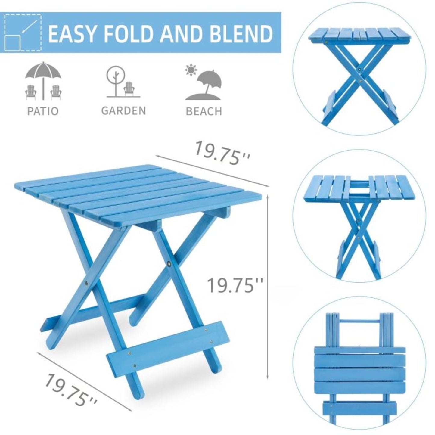 Folding Square Patio Table Outdoor Solid Wood Table For Backyard Balcony Portable Design Space Saving Blue Color Durable Weather Resistant Easy Setup Versatile Use