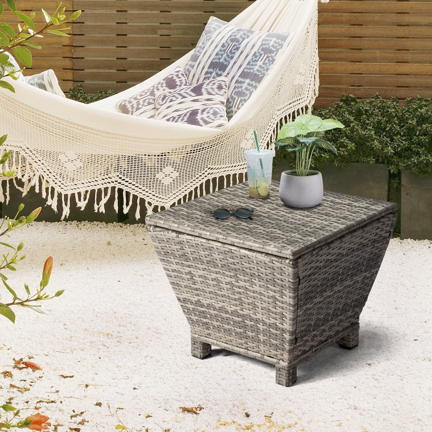 Small Patio Side Table with Storage for Cushions, Hose & Towels, All-Weather Rattan