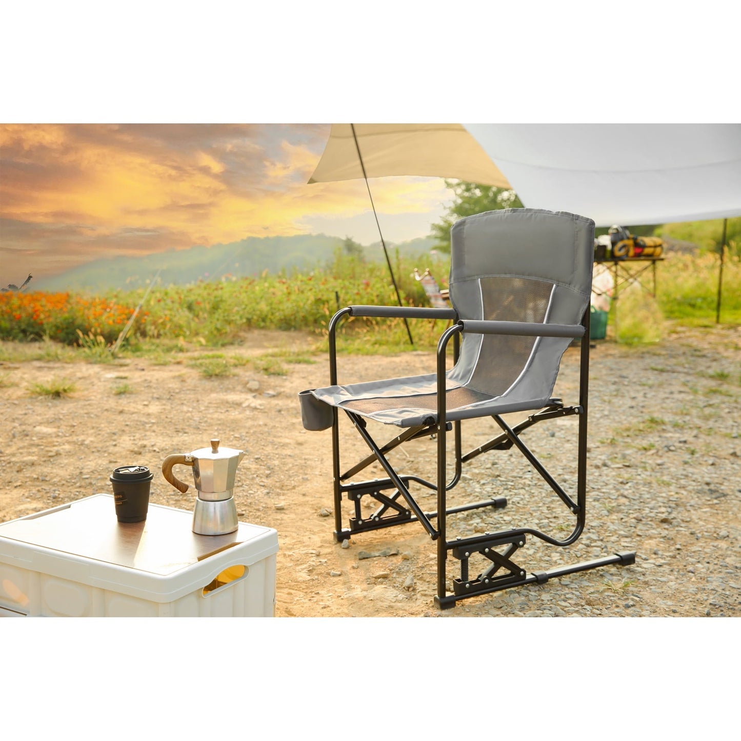 Leumius Outdoor Freestyle Rocker XL Oversized Foldable Rocking Camp Chair,Cup Holder,Gray
