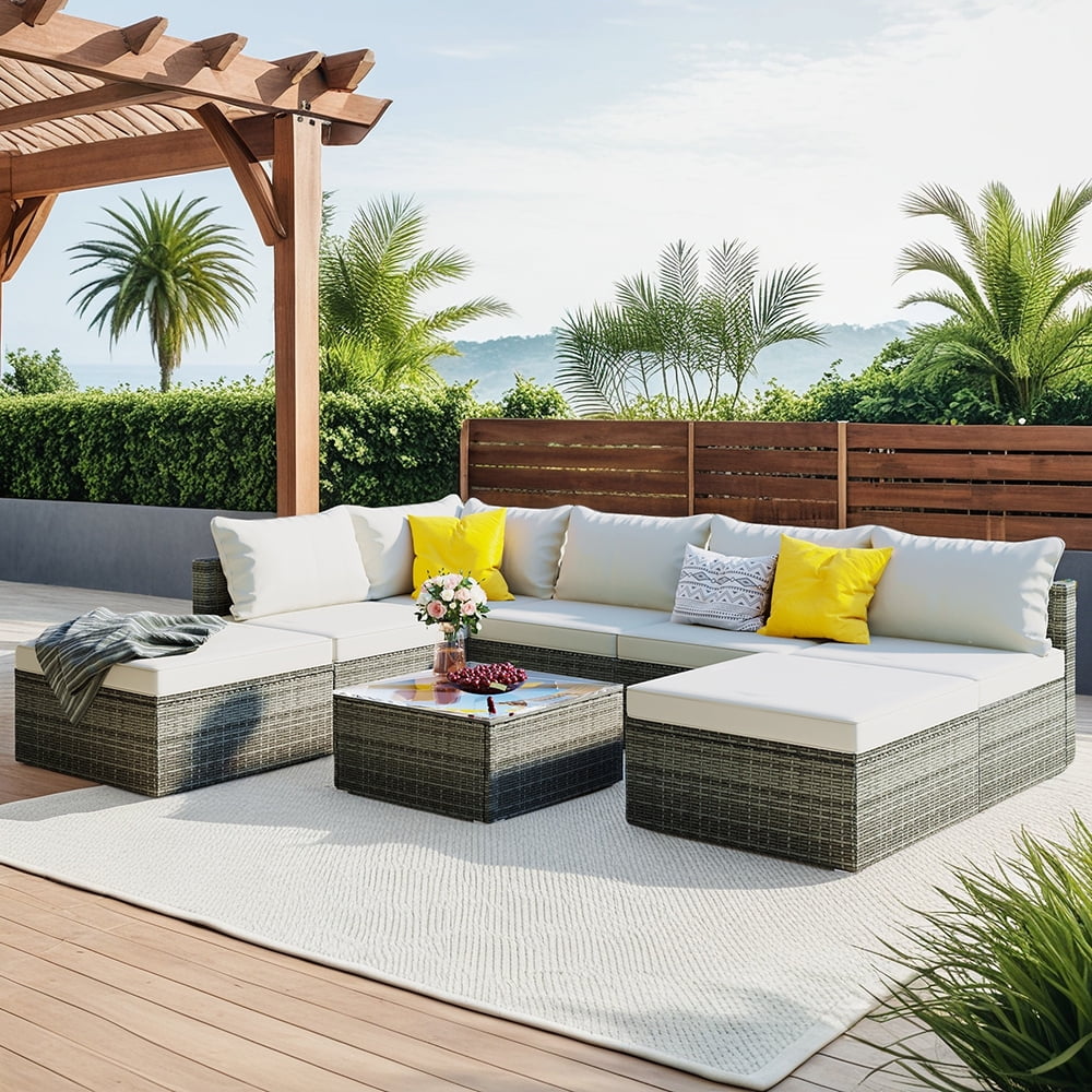 StyleSack 8-Piece Patio Sectional Furniture Set, L-Shaped Couch PE Rattan Bench Outdoor Sofa with Table, Cushion for Backyard, Porch, Pool