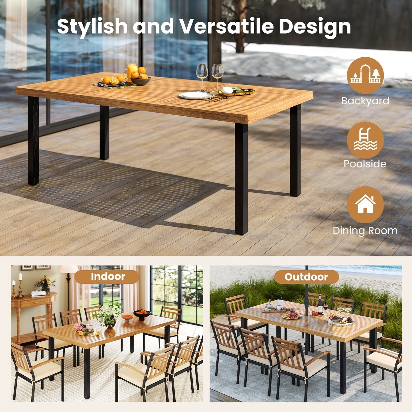 Topbuy Acacia Wood Dining Table for 8 People, 79" Large Rectangular Patio Table with Built-in Umbrella Hole