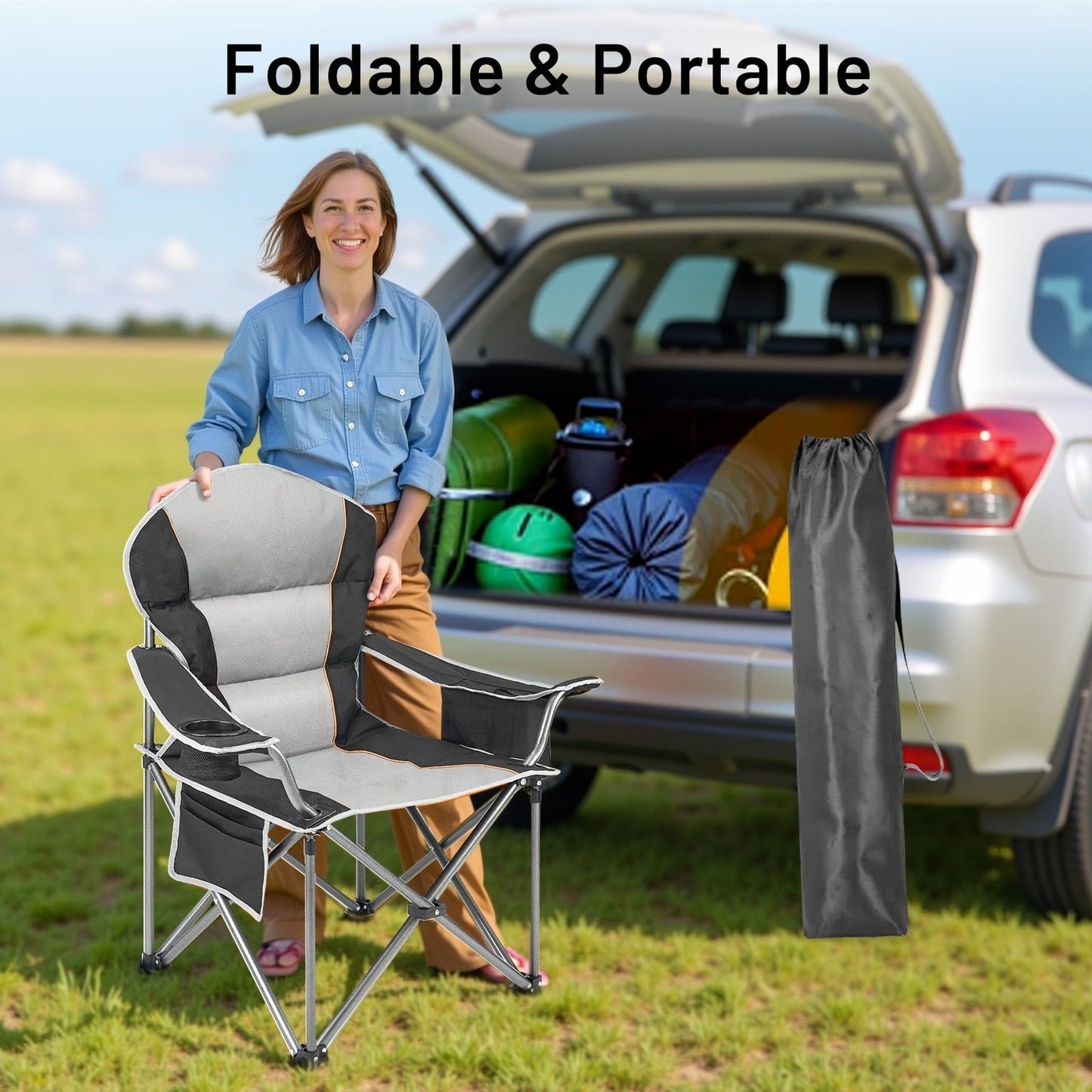 Oversized Camping Folding Chair, Heavy Duty Padded Chair with Cup Holder Storage and Cooler Bag for Outdoor,Black Gray