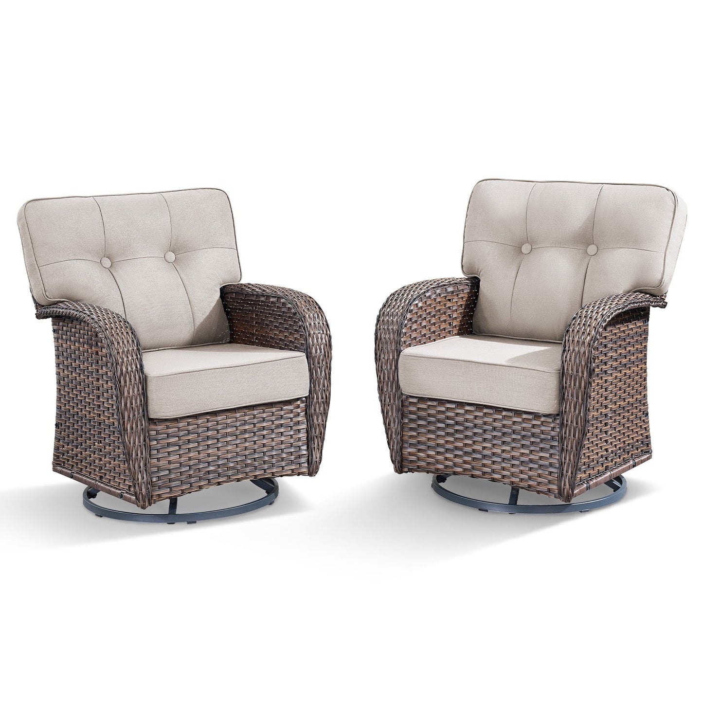 OPOHORO Outdoor Glider Chairs Set of 2, Brown Wicker Patio Furniture Swivel Rockers with T Shape-Back Cushions and 5" Thick Foam, Ideal for Porch and Yard, Beige