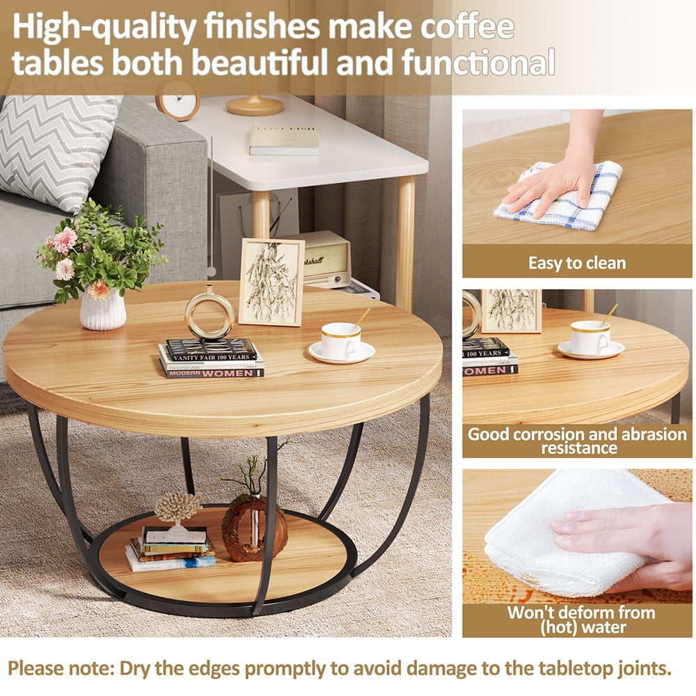 YINGYING 31.5" Round Coffee Table, 2-Tier Accent Center Table, Small Wood Coffee Table with Storage, Modern Cocktail Table for Living Room