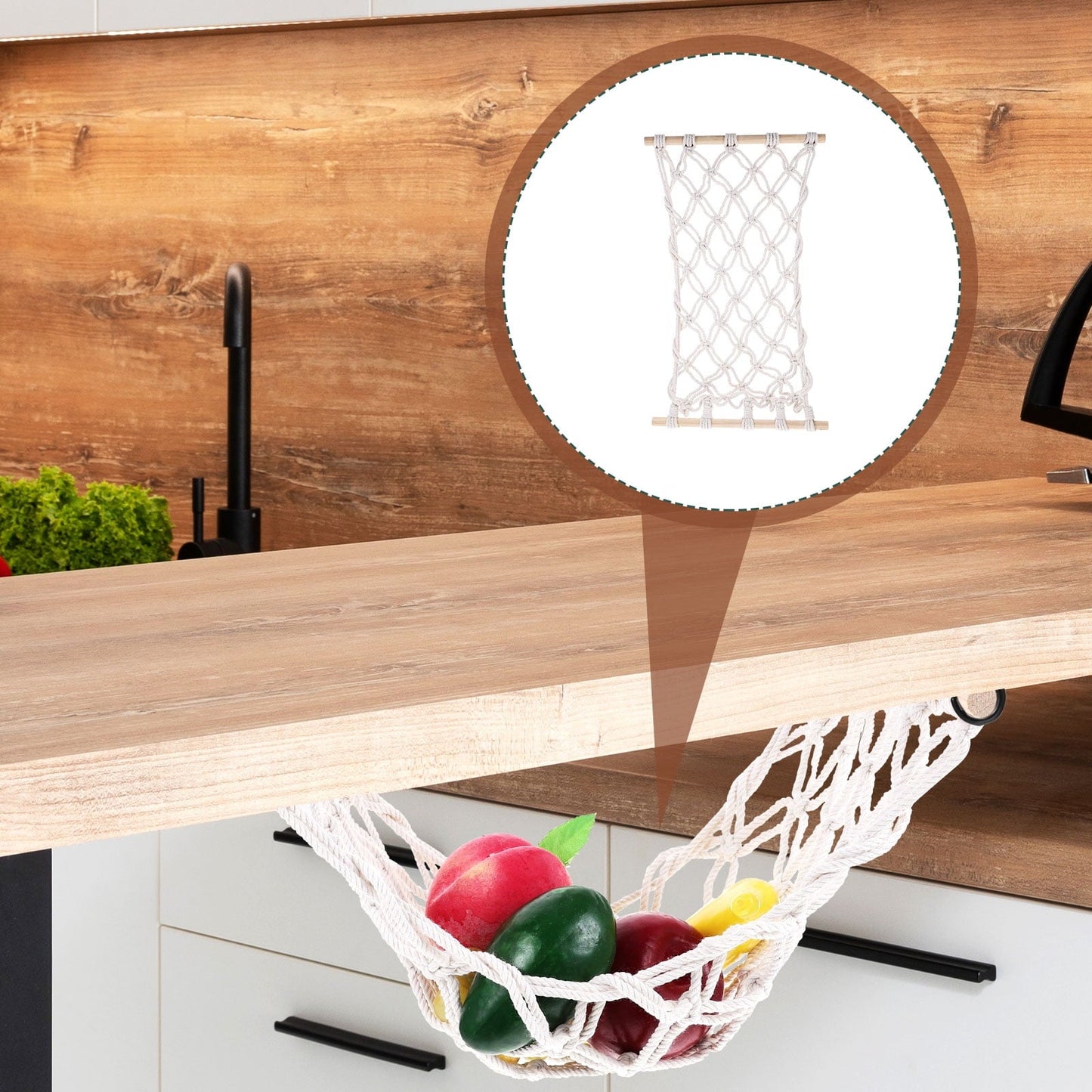 WEAVILUX 1Set Fruit Hammock for Garden and Kitchen Use with Cotton Rope and Wood Material