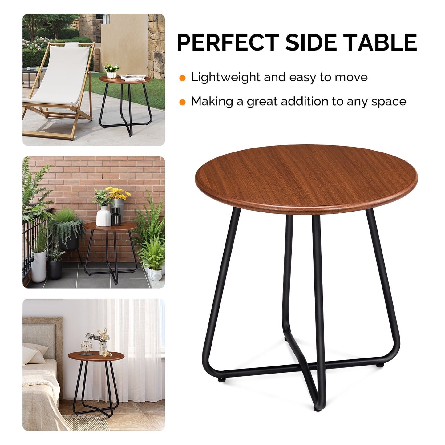 Xilee Outdoor Side Table with Imitation Wood Tabletop,19 Inch Round Table, Anti-Rust Waterpoof Metal Small Dining Table for Patio, Outside, Camping, Balcony
