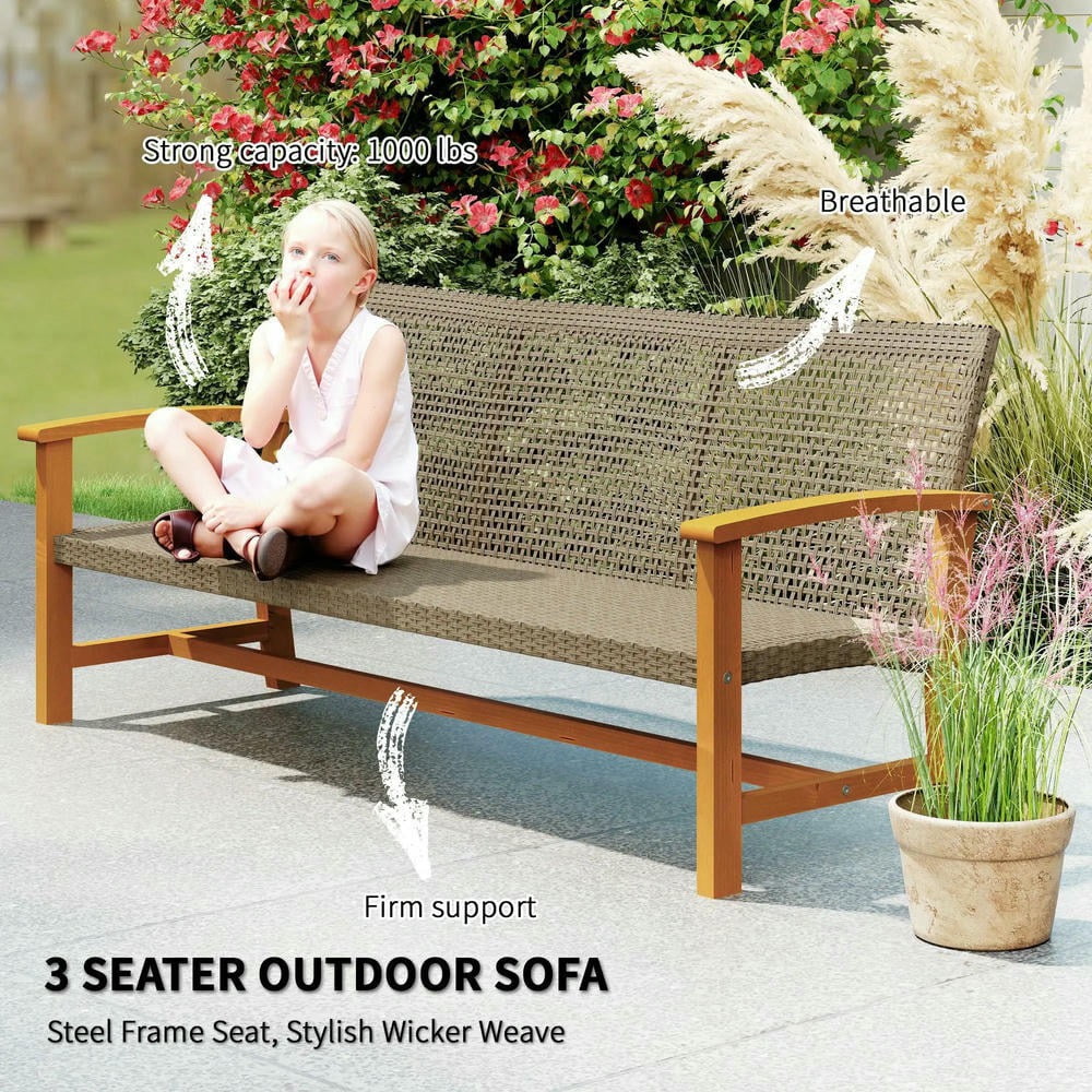YYAo Patio Couch, Outdoor Sofa,3-Seat Wicker Outdoor Couch Patio Sofa, Acacia Wood Patio Furniture with Steel Seat Armrests, Teak