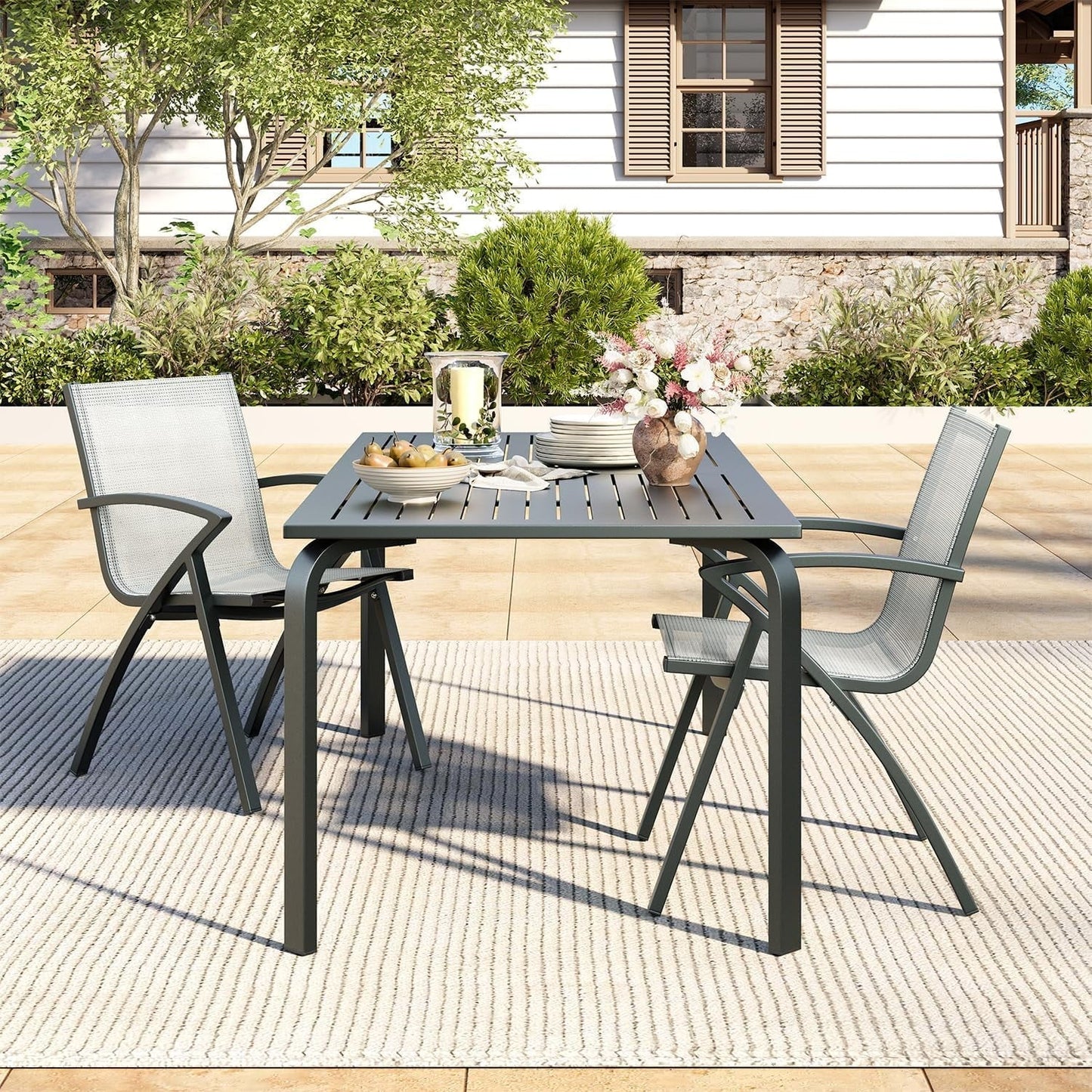 71" x 35" Outdoor Dining Table - 8-Person Aluminum Patio Table with Slatted Top & Umbrella Hole,All-Weather Black for Backyard/Garden/Lawn