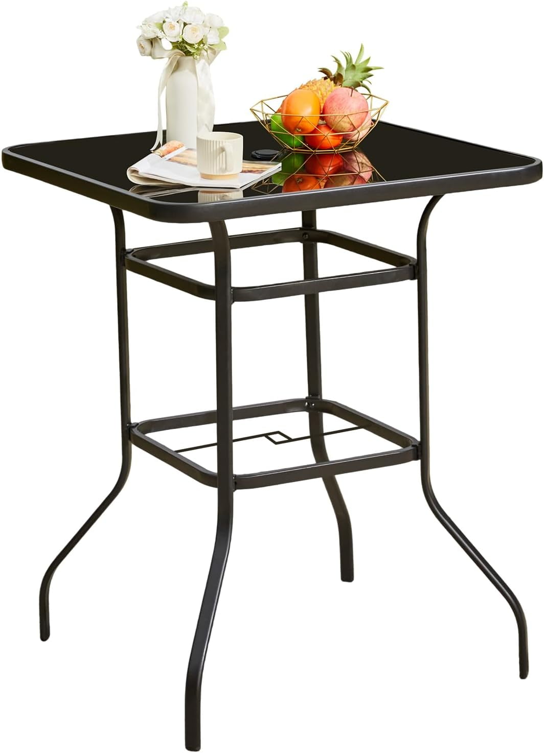 MELLCOM 32'' Outdoor Bar Table, Metal Outdoor Table with 1.57'' Umbrella Hole, High Top Patio Bar with Tempered Glass for Balcony, Backyard, Poolside, Garden, Black