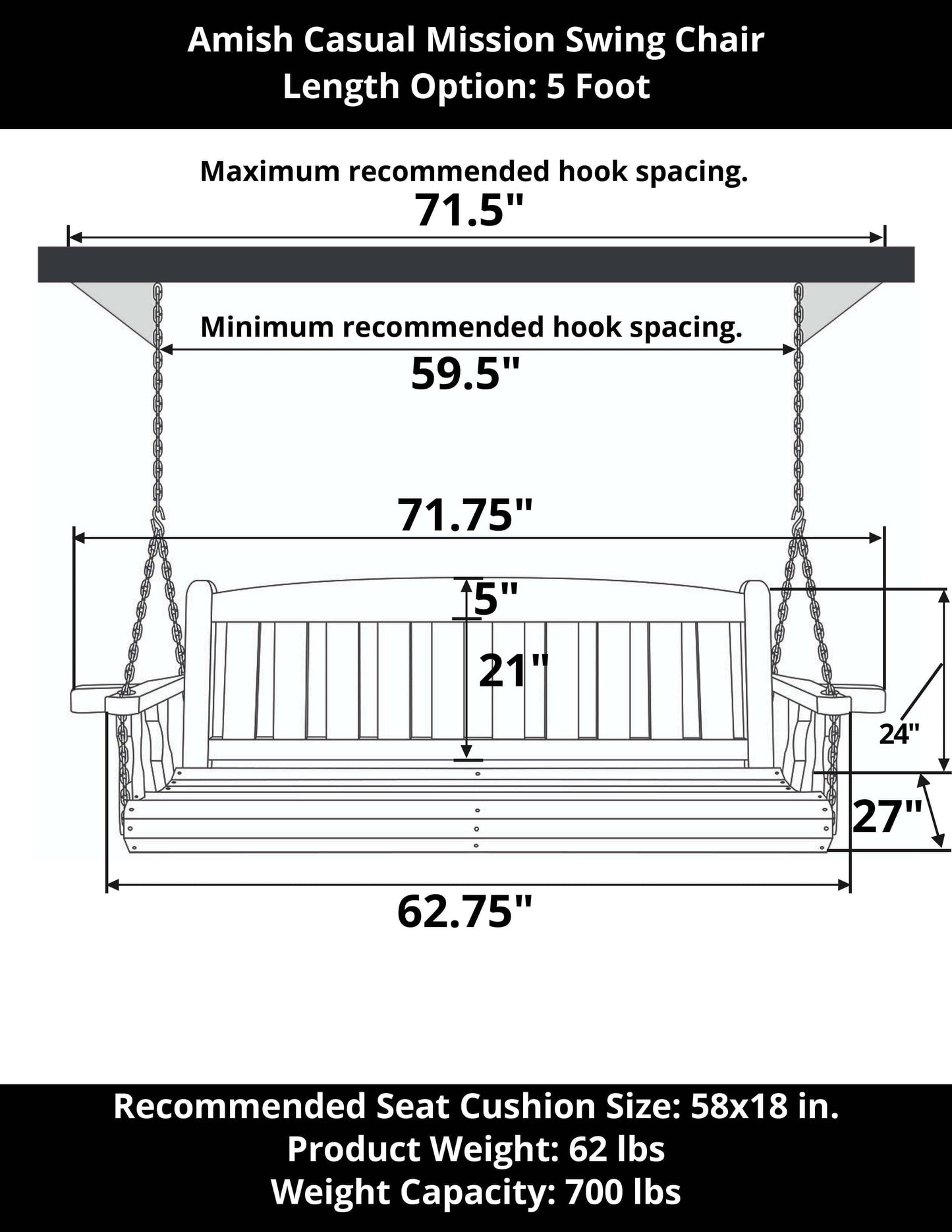 Amish Casual Heavy Duty 800 Lb Mission Treated Porch Swing with Hanging Chains (5 Foot, Semi-Solid White Stain)