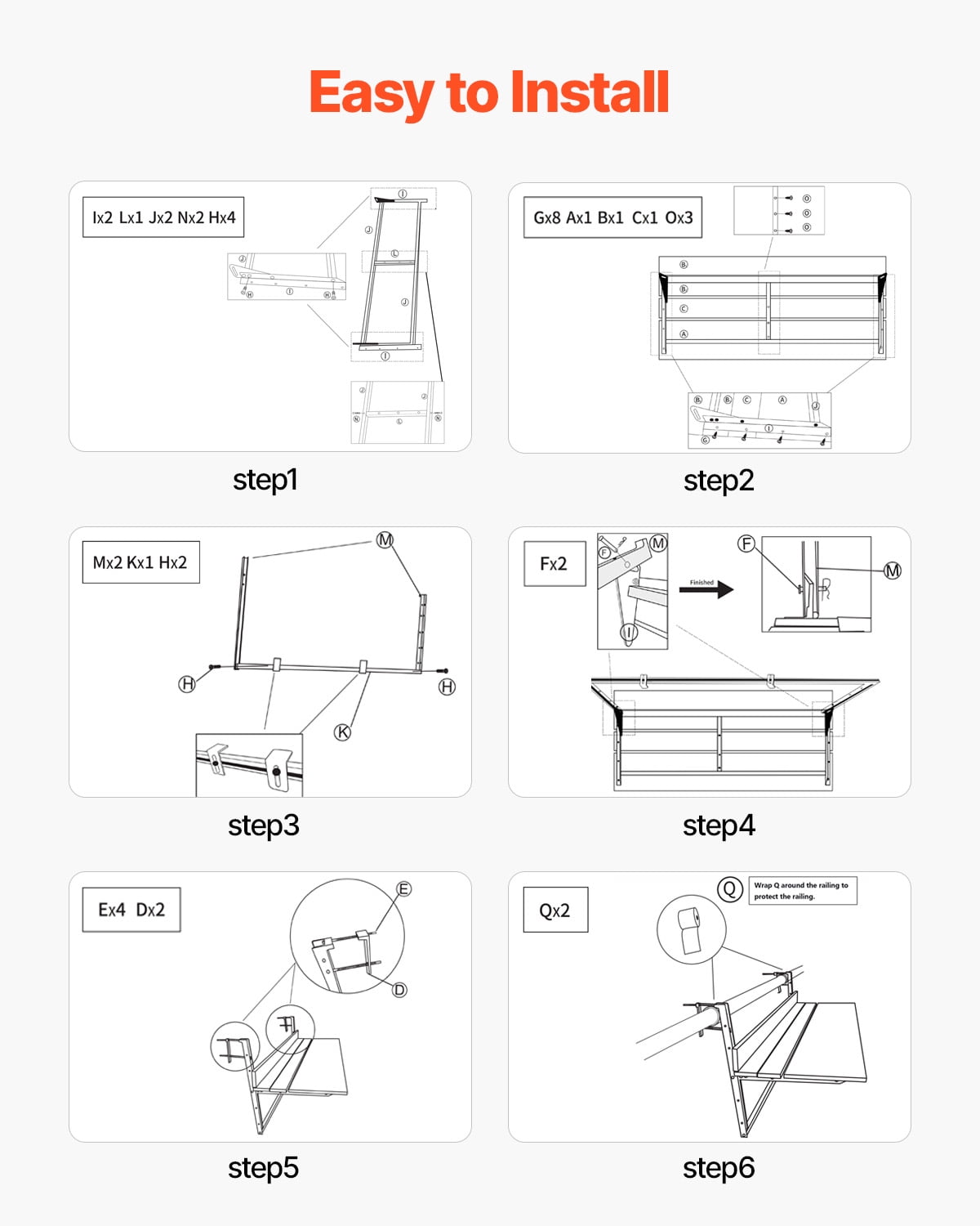 VEVOR Balcony Hanging Table, 15 x 39 in Folding Balcony Railing Table, Outdoor Balcony Bar Table for Railings, 5-Level Adjustable, Fit Railing from 1" to 5.3", Serving Table for Patio & Deck