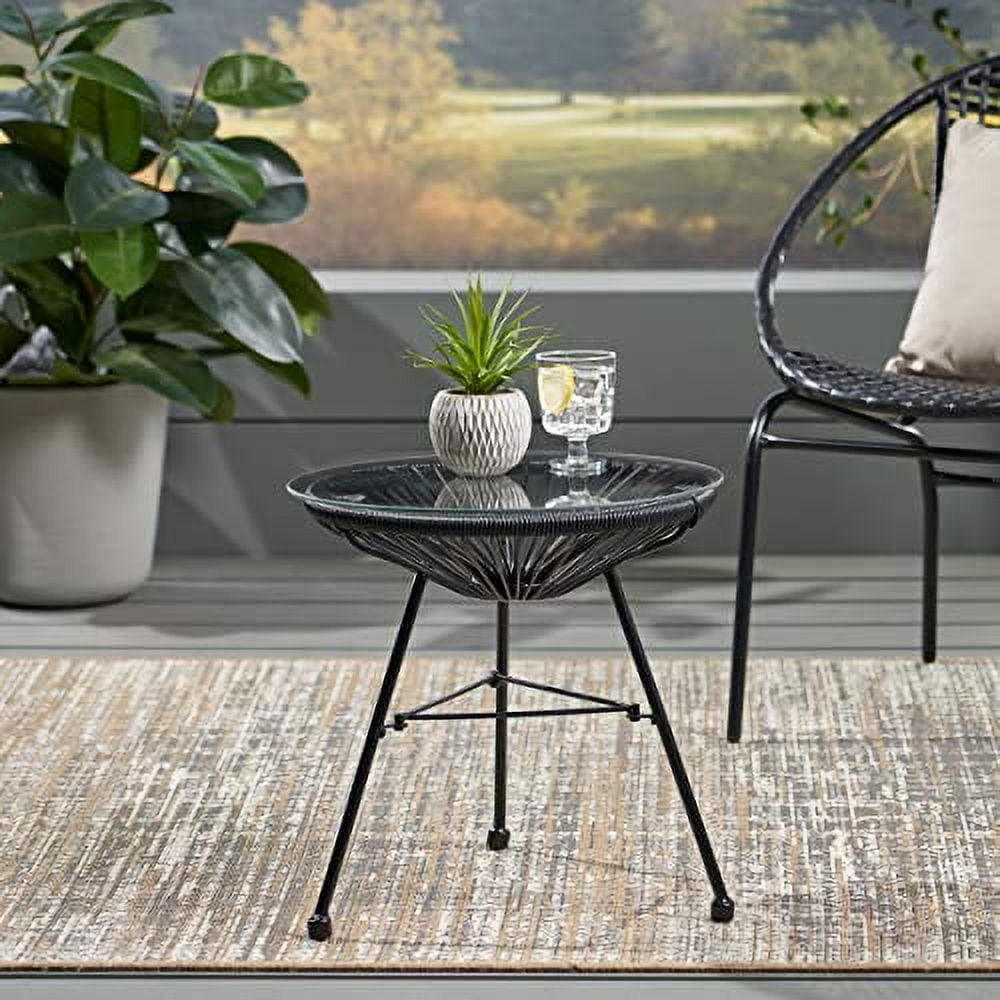Great Deal Furniture Christina Outdoor Modern Faux Rattan Side Table with Tempered Glass Top, Black