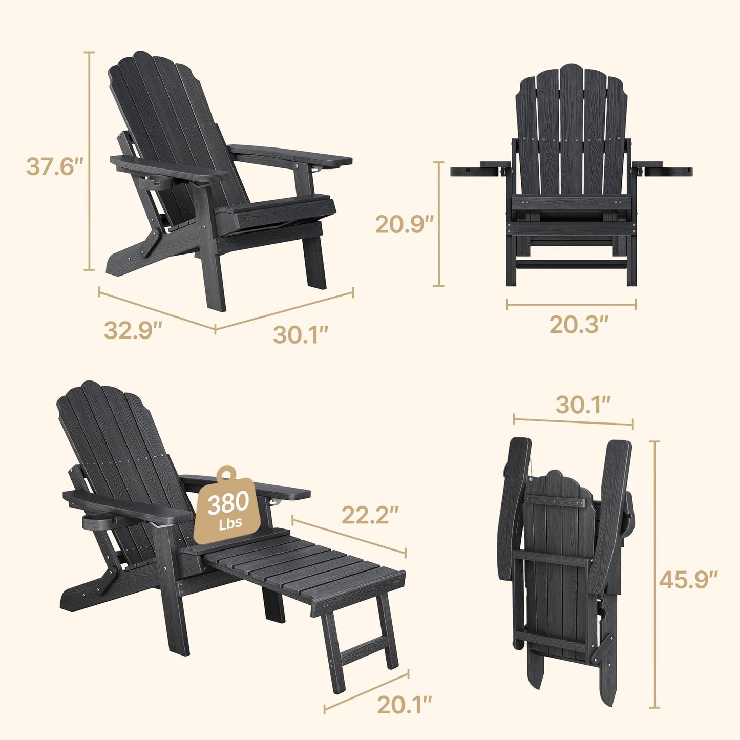 Asofer durable Folding Adirondack Chair and Retractable Ottoman, Wooden Textured with two Cup Holders，HDPE Poolside Backyard Lawn Coffee, Black