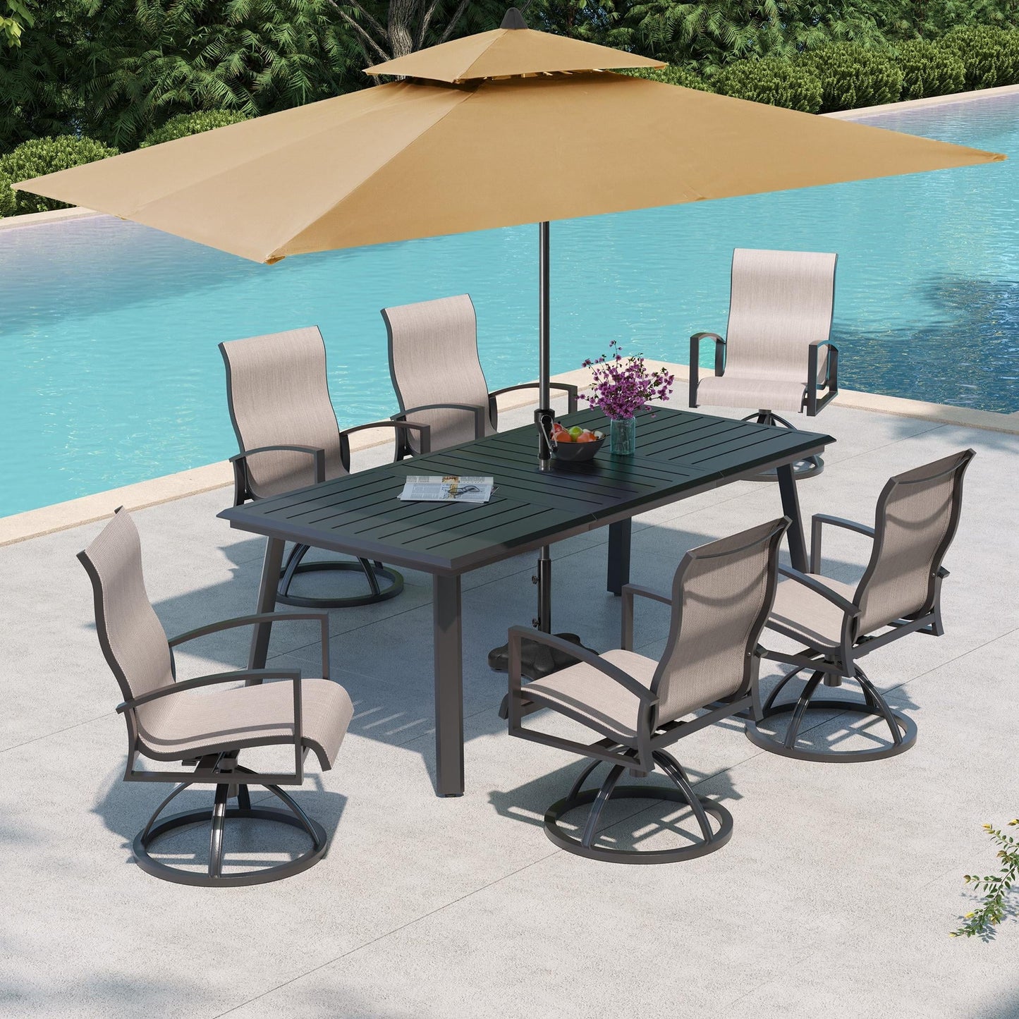 Pellebant 83" Aluminum Outdoor Dining Table for 8, All-Weather Rectangle Patio Table with Umbrella Hole for Backyard, Lawn, Garden and Poolside, Glossy Black