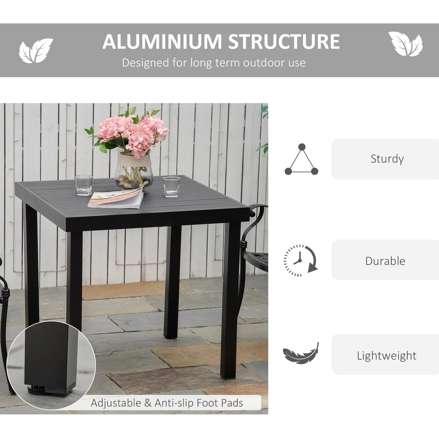 Resenkos Patio Dining Table For 4, Non-Slip Foot Pads, Aluminium, Plastic, Black