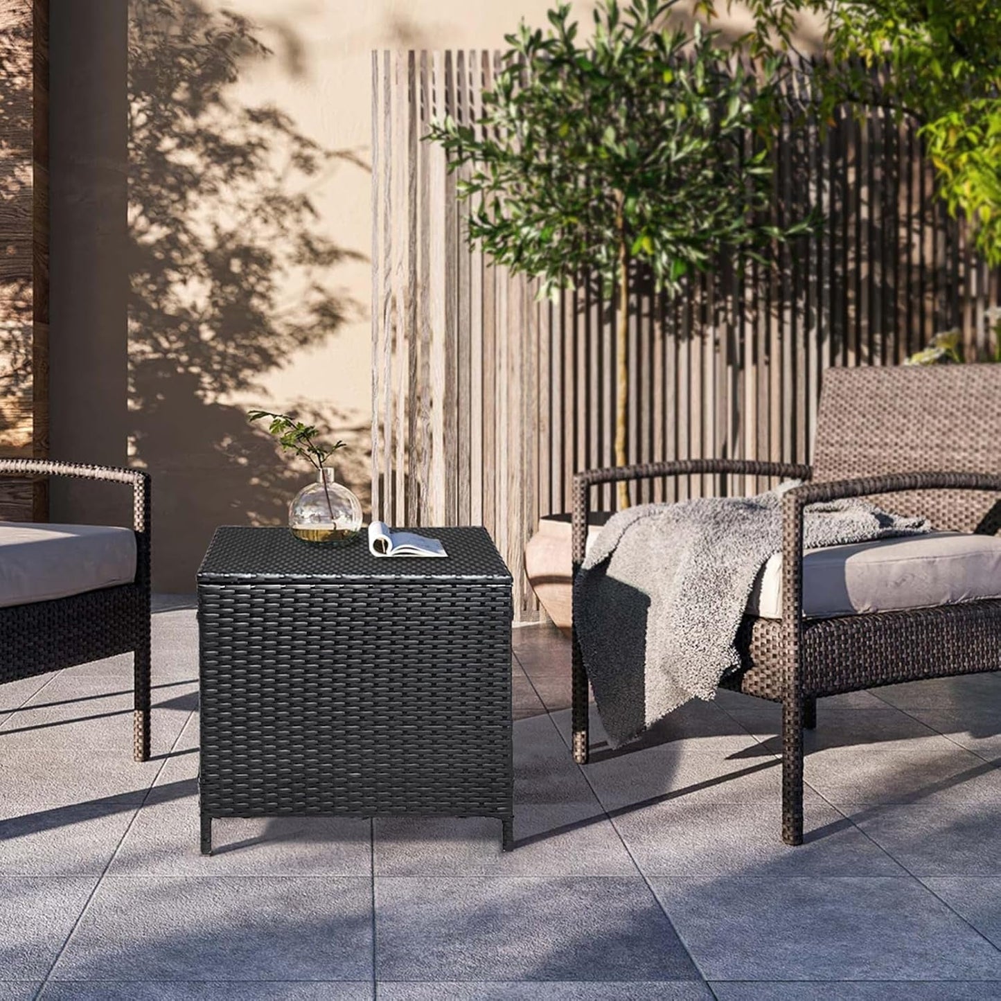 GaoJ Outdoor Side Table, Rattan Coffee Table with Storage 27 Gallon Patio Small Deck Storage Box for Cushion Towel Books, Brown Side Table with lid，Black