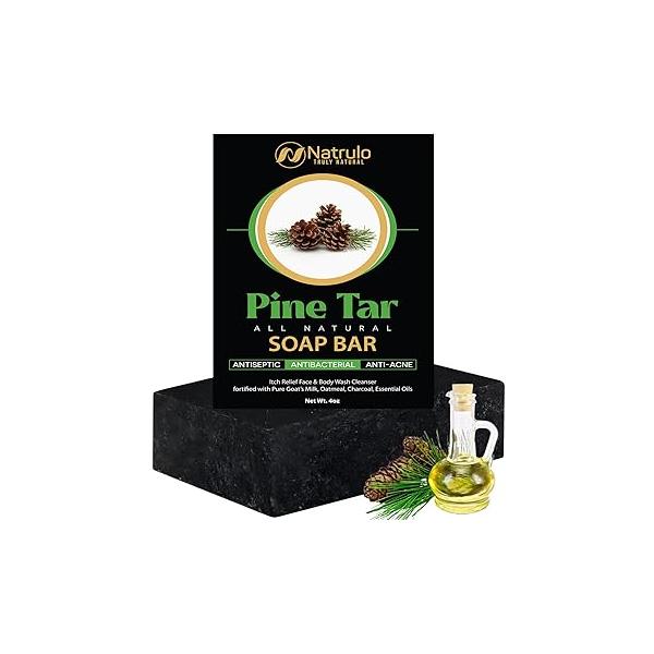 All Natural Pine Tar Soap Bar 4oz - Cleansing Anti Acne Eczema Psoriasis Itch Relief Face & Body Wash Cleanser Pure Goat’s Milk with Oatmeal, Charcoal, Essential Oils Made in USA