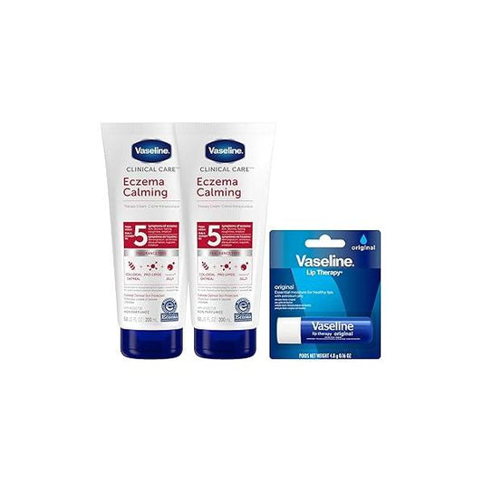 Vaseline Eczema Lotion, Calming Therapy Cream 2-Pack with Colloidal Oatmeal + Original Lip for Dry Lips Petroleum Jelly (3 Piece Set)