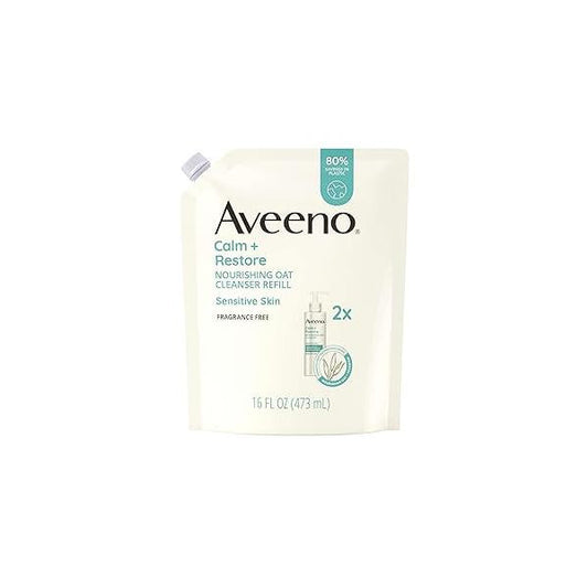 Aveeno Calm + Restore Nourishing Oat Facial Cleanser for Sensitive Skin, Gentle Face Wash with & Calming Feverfew, Hypoallergenic, Fragrance-Free, Refill Pouch, 16 fl. oz