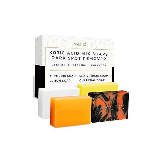 VALITIC Kojic Acid Soap Bars - Turmeric, Snail Mucin, Charcoal and Lemon 4 Assorted Dark Spot Remover Soaps with Hyaluronic Acid, Vitamin C, E Shea Butter