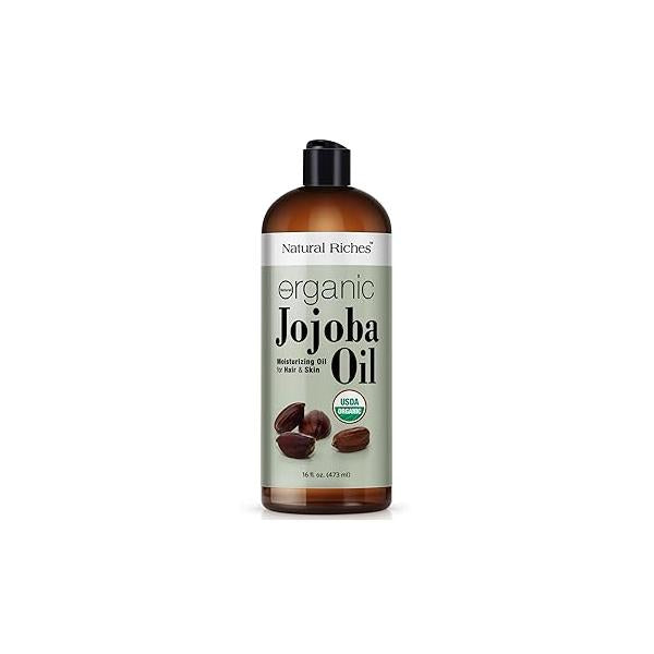 Natural Riches Organic Jojoba Oil, Pure (16 oz) | Moisturizing Oil for Face, Hair, Skin & Nails Cold Pressed Hexane Free Base Carrier oil.