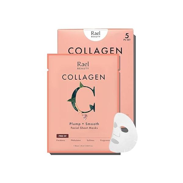 Rael Face Mask Skin Care, Collagen Masks - Bamboo Facial Sheet Mask, Korean Skincare, with Essence and Fruit Extracts, Nourishing Moisturizing, All Types (Collagen, 5 Sheets)
