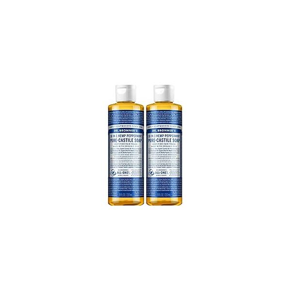 Dr. Bronner's Organic Peppermint Liquid Soap - 18-in-1 All-Purpose Cleaner with Invigorating Oil 8 Oz Size Gentle Cleansing for Body, Face, Home Natural, Formula (2-Pack)