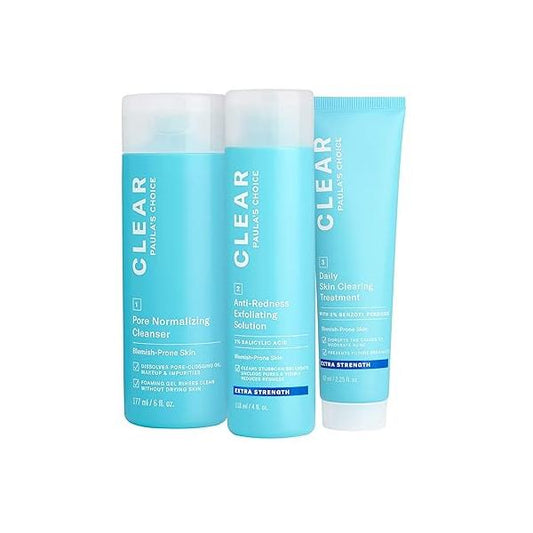 Paula's Choice CLEAR 3-Piece Acne Kit, Includes Daily Cleanser, 2% Salicylic Acid Exfoliant & Benzoyl Peroxide Treatment, Prevents Treats Mild to Severe Breakouts, Fragrance-Free, Set of 3