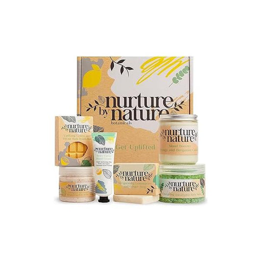 Nurture by Nature RELAX & UPLIFT Spa Kit - Birthday Gifts for Women 6-in-1 Self-Care Kit, Gift Baskets Women, Bath Sets - Salts, Body Scrub, Bomb, Candle, Hand Cream, Soap
