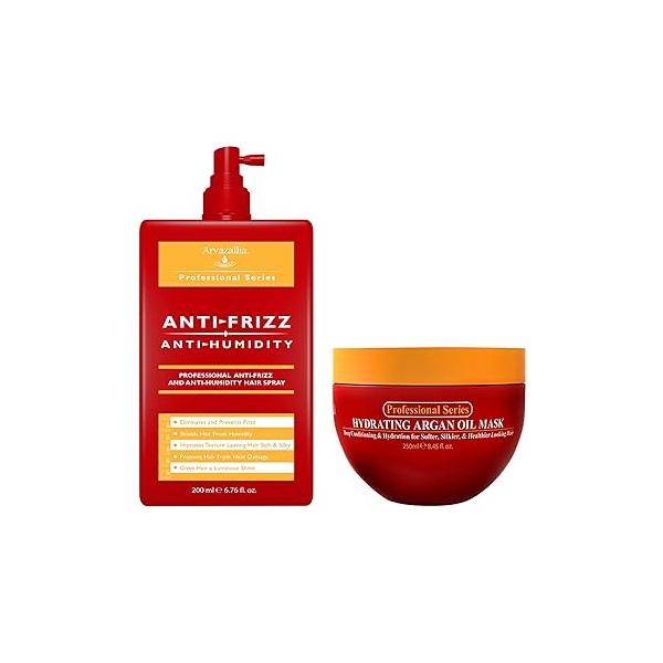 Arvazallia Hydrating Argan Oil Hair Mask and Anti-Frizz Anti-Humidity Spray Treatment Bundle - Professional Grade Deep Conditioning, Frizz Control, Humidity Shield