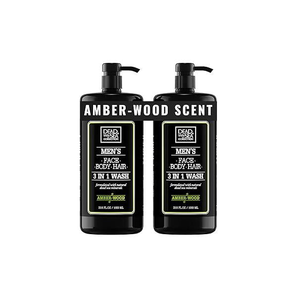 Dead Sea Collection Mens Body Wash 3 in 1 - Amber Wood for Men Shower Gel Shampoo Soap Face and Hair Pack of 2 Bottles (33.8 Fl. Oz. Each)