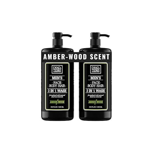 Dead Sea Collection Mens Body Wash 3 in 1 - Amber Wood for Men Shower Gel Shampoo Soap Face and Hair Pack of 2 Bottles (33.8 Fl. Oz. Each)